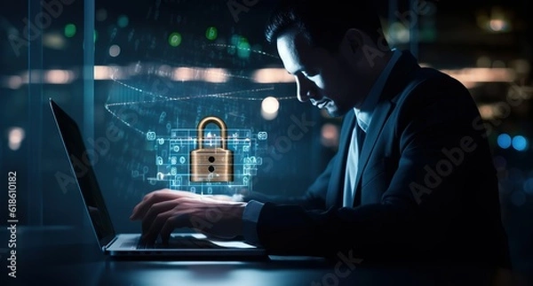 Fototapeta Cyber security and data protection, businessman using laptop internet cyber security, protecting business and financial transaction data from cyber attack, user private data security encryption
