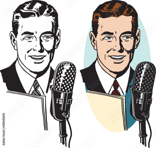 Obraz A vintage retro illustration of a man making an announcement into a microphone. 