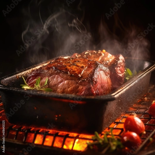 Fototapeta Juicy beef in a roasting pan on a table
