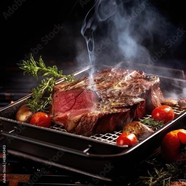 Fototapeta Juicy beef in a roasting pan on a table