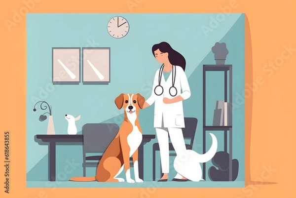 Fototapeta  Flat vector illustration dog veterinarian and cat (