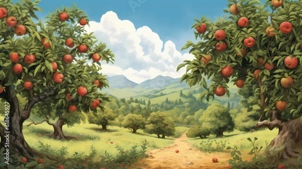 Fototapeta Beautiful Green Orchard with Clear Sky. Realistic Drawing. Concept Art Scenery. Book Illustration Video Game Scene. Serious Digital Painting. CG Artwork Background. Generative AI.
