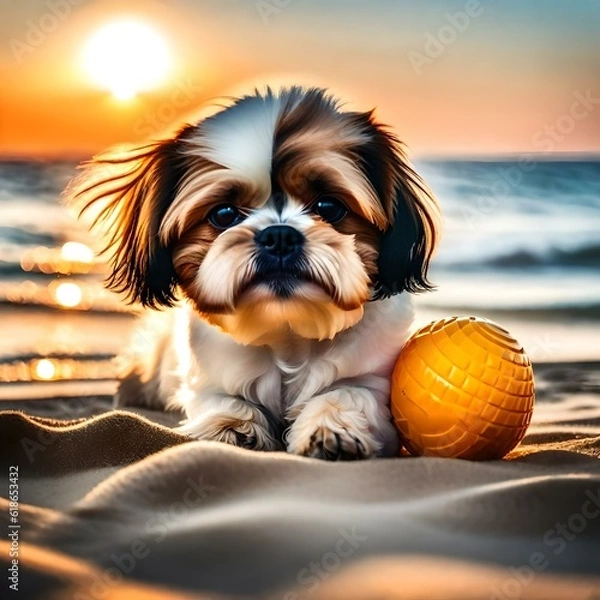 Obraz A Shih Tzu dog , playing with a ball in the beach , sunset behind 