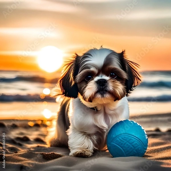 Obraz A Shih Tzu dog , playing with a ball in the beach , sunset behind 