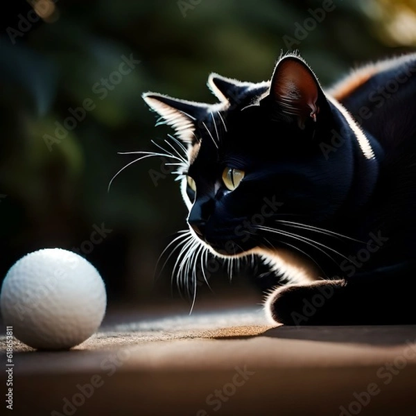 Obraz a cat with Its sleek and velvety gray fur , Its almond-shaped eyes , With dainty paws, playing with  a ball ,realistic picture .
