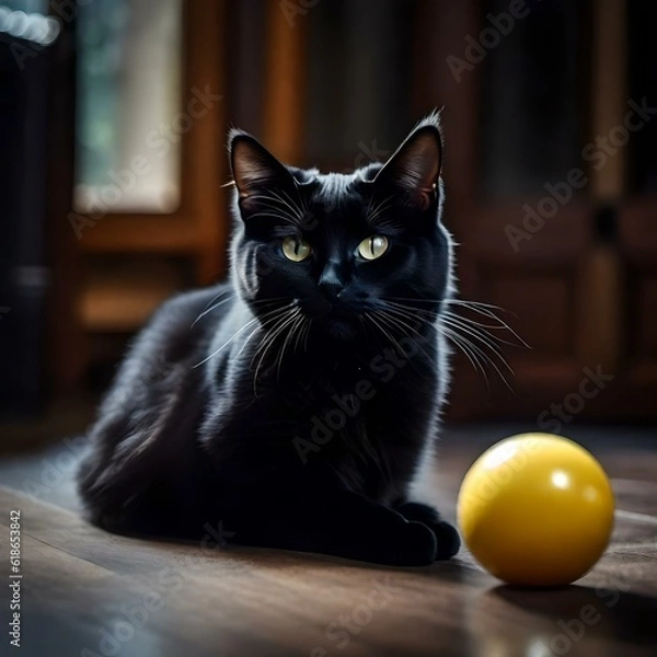 Obraz a cat with Its sleek and velvety gray fur , Its almond-shaped eyes , With dainty paws, playing with  a ball ,realistic picture .
