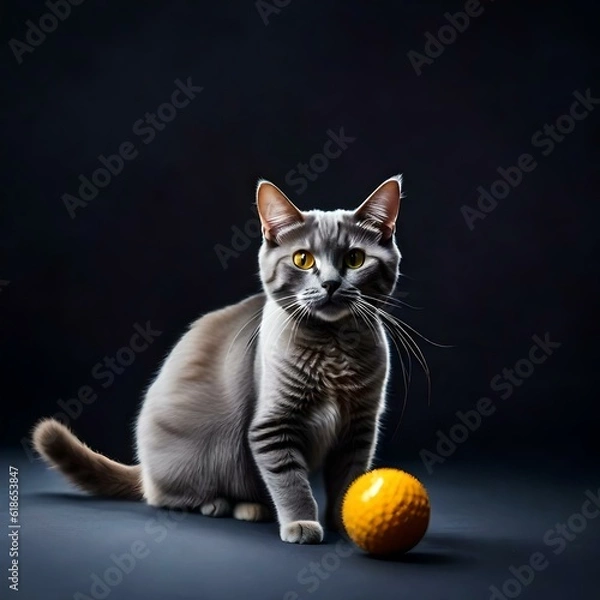 Obraz a cat with Its sleek and velvety gray fur , Its almond-shaped eyes , With dainty paws, playing with  a ball ,realistic picture .
