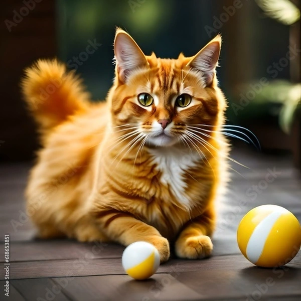 Obraz a cat with Its sleek and velvety gray fur , Its almond-shaped eyes , With dainty paws, playing with  a ball ,realistic picture .
