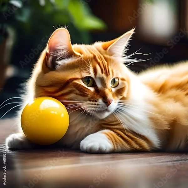 Obraz a cat with Its sleek and velvety gray fur , Its almond-shaped eyes , With dainty paws, playing with  a ball ,realistic picture .
