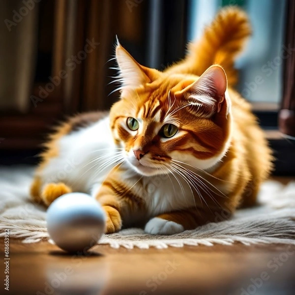 Obraz a cat with Its sleek and velvety gray fur , Its almond-shaped eyes , With dainty paws, playing with  a ball ,realistic picture .
