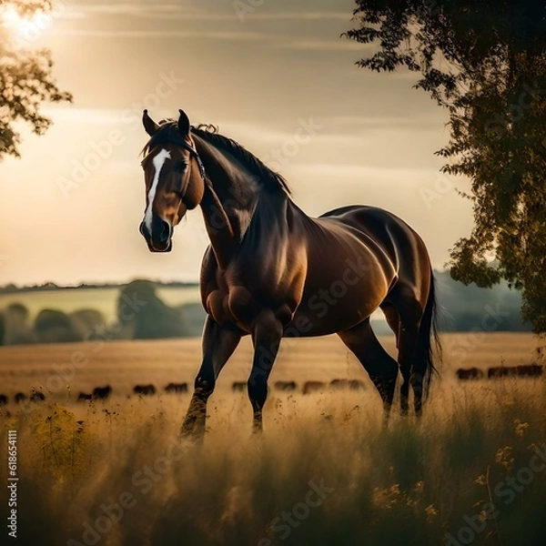 Obraz In the rolling fields of a picturesque countryside, a magnificent creature roams a couple of horses horse, a symbol of grace, strength, and companionship. Let us imagine a horse, a true embodiment of 