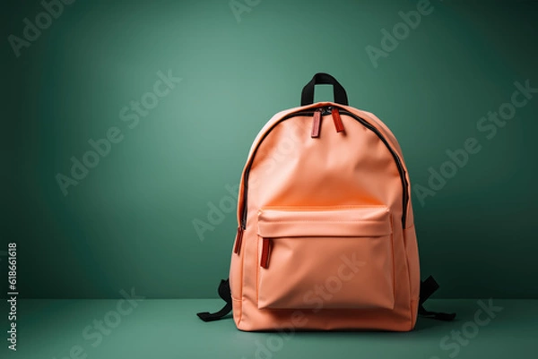 Fototapeta Back-to-School in Style. Orange Backpack with Green Background. Return to School Concept. AI Generative