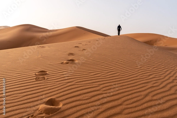 Fototapeta A person walking through the Erg Chebbi desert in the African Sahara