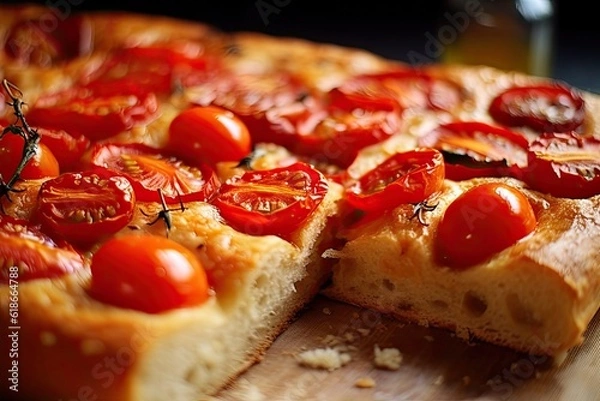 Fototapeta Apulian focaccia with tomatoes, illustration, generative ai