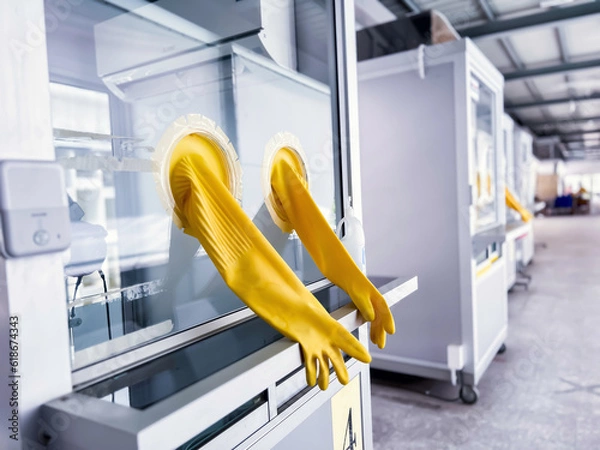 Obraz A cabinet with rubber gloves for COVID-19 testing in hospital at Thailand. Device for working healthcare worker inside permanent PCR testing station.