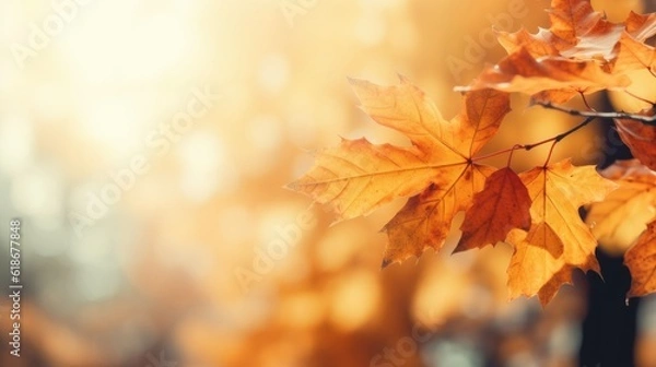 Fototapeta web banner design for autumn season and end year activity with red and yellow maple leaves with soft focus light and bokeh background