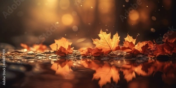 Fototapeta web banner design for autumn season and end year activity with red and yellow maple leaves with soft focus light and bokeh background