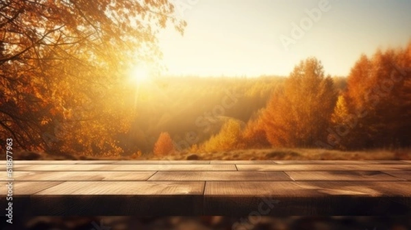Fototapeta Wood table in autumn landscape with empty copy space for product display