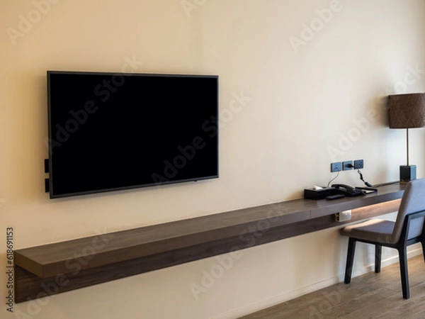 Fototapeta Mockup blank space on smart TV black screen over the empty long brown walnut wooden table shelf with chair at working area on white wall background with yellow warm lighting in the hotel bedroom.