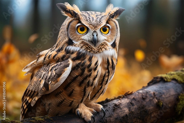 Fototapeta Owl sitting on a branch in the autumn forest. Beautiful owl portrait.