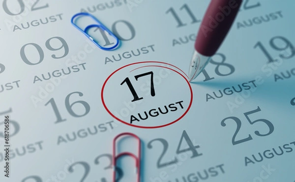 Fototapeta August 17th Calendar date. close up a red circle is drawn on August 17th to remember important events