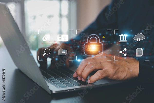 Fototapeta Cyber security data protection online computer network and personal privacy user access key protect and hacker cybercrime prevent or safety storage cloud transfer sharing financial internet banking