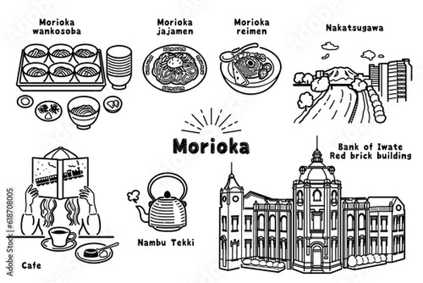 Fototapeta 手描き風　盛岡のイラスト（線画）