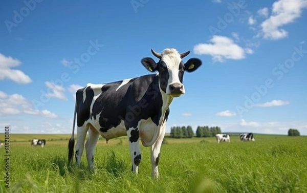 Obraz Portrait of cow on green grass with blue sky