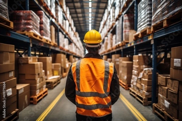 Fototapeta A handsome male worker wearing a hard hat carrying boxes turns back and forth through a retail warehouse full of shelves—a professional worker working in logistics and distribution centers.
