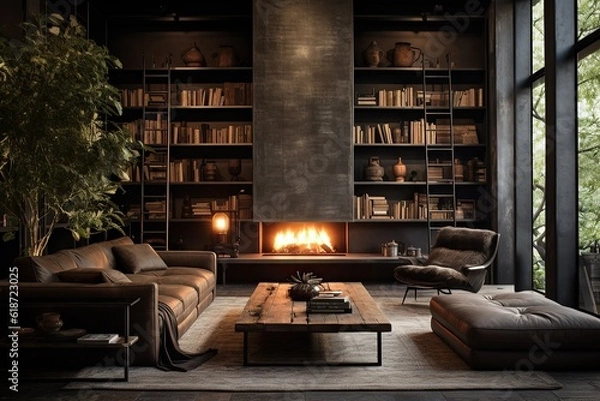 Fototapeta Luxury interior, living room with fireplace and bookshelf. Generative Ai