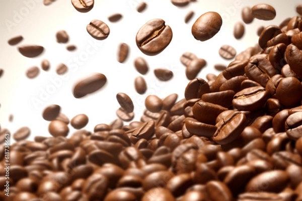 Fototapeta Portrait of coffee bean brown roasted caffeine espresso seed. Coffee beans on a blurry background. Flying coffee beans background. Generative AI.