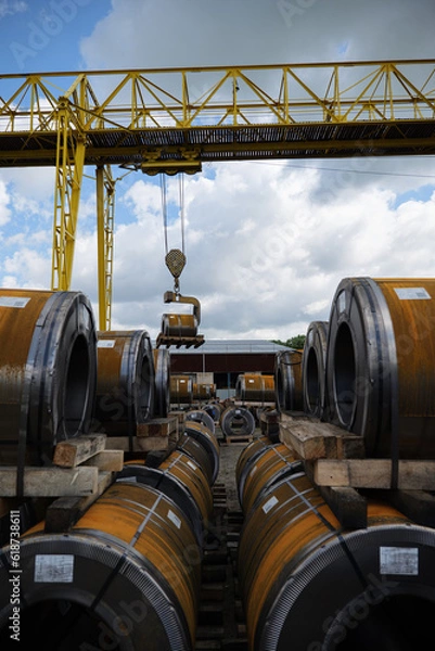 Obraz Factory overhead crane. Business logistic, site with crane