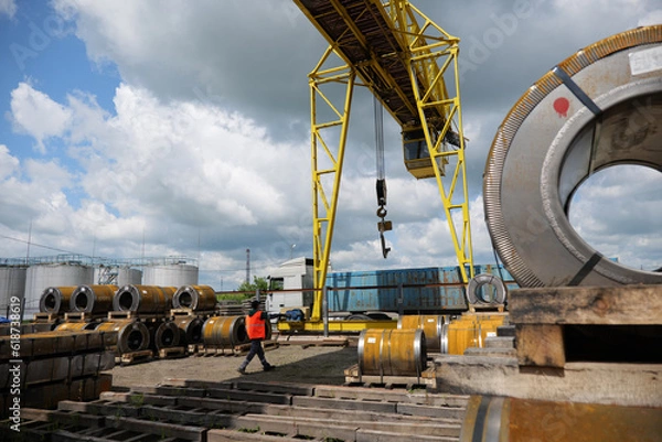 Obraz Factory overhead crane. Business logistic, site with crane