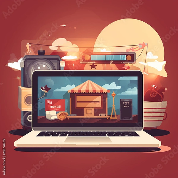 Fototapeta video marketing flat illustration of website with an icon and an icon of a video. Generative ai