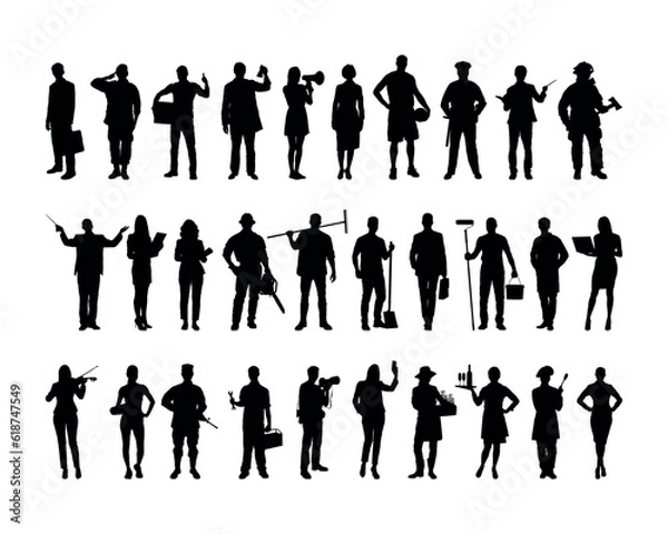 Fototapeta People crowd standing various professions silhouettes. Group of people different occupations or jobs standing in a row vector black silhouettes set collection.