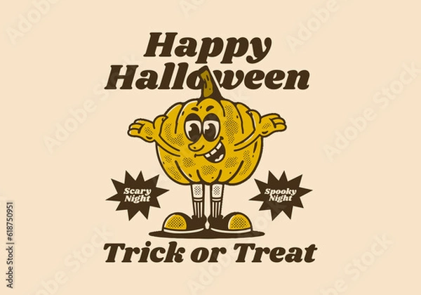Fototapeta Happy halloween trick or treat, Yellow pumpkin character with happy face