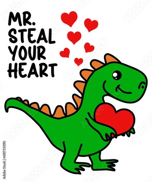 Obraz Vector of a cartoon dinosaur holding a red heart 'Mr Steal your heart' text in the background