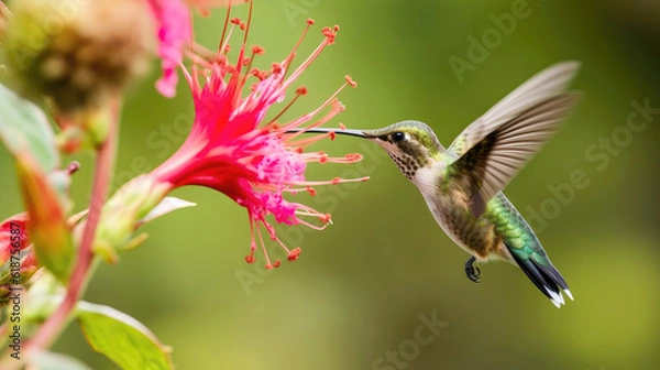 Fototapeta Colorful hummingbird feeding from a flower