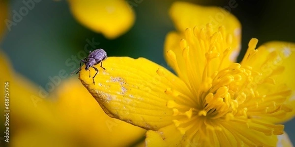 Fototapeta Close-up view of a yellow flower with raindrops and an insect on its petals