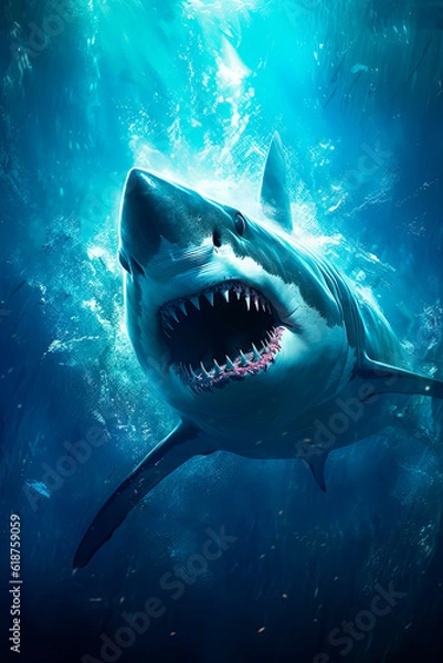 Fototapeta A great white shark swimming in the ocean. Generative AI 