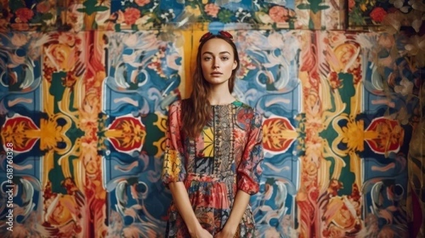 Fototapeta AI generated illustration of a young female on a backdrop of a bright, abstract mural
