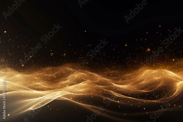 Obraz Digital Gold Particles Wave and light abstract background with shining floor particle stars dust. Futuristic glittering Luxury golden sparkling on black background