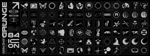 Fototapeta Retro futurystyczne elementy grunge do projektowania. Streszczenie retro geometryczny kształt 3D, elementy techno, uniwersalne kształty. Puste plakat, baner, wizytówka, naklejka