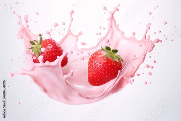 Fototapeta milk or yogurt splash with strawberries isolated on white background, 3d rendering