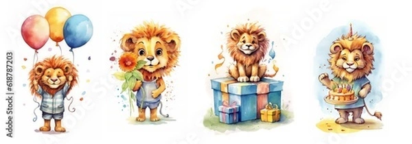 Fototapeta A set of illustrations in a watercolor style for the design of invitation cards for a children's birthday on the theme of Leo party: with a cake, with a gift box, happy flowers, AI generated