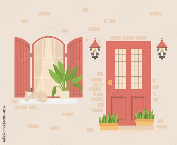 Obraz Vintage front door and window with shutters. House exterior