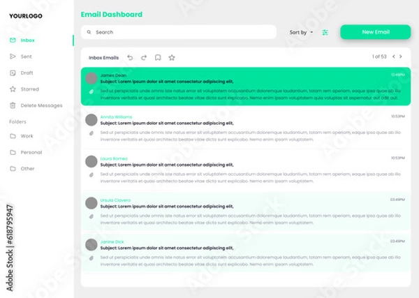 Fototapeta Email Dashboard and Emails Inbox CMS Newsletter and Messaging UI Kit, Contacts Message Template