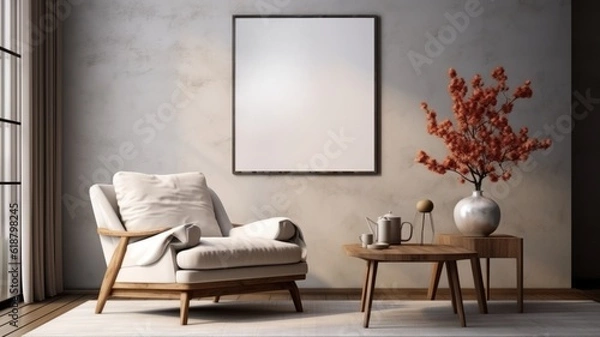 Fototapeta Interior of living room with coffee table and white beige fabric armchair, an empty poster on the wall. Generative AI.