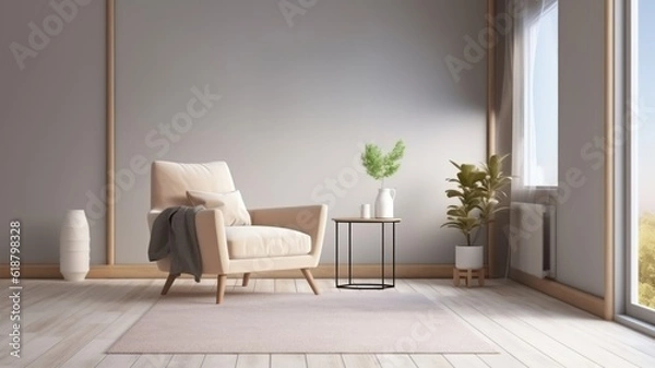 Fototapeta Interior of living room with coffee table and white beige fabric armchair, with an empty wall. Generative AI
