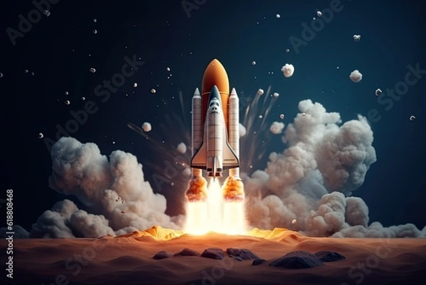 Fototapeta Space rocket launch flying toward the clouds believable rocket icon Having a successful company concept, generative ai
